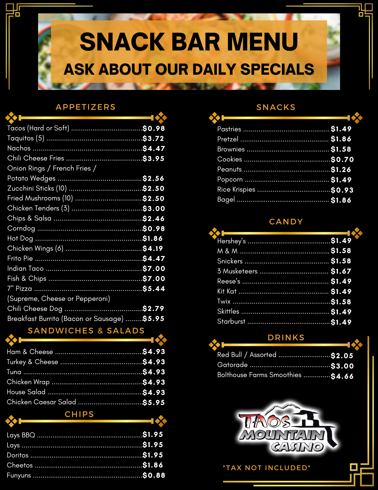 Snack bar menu