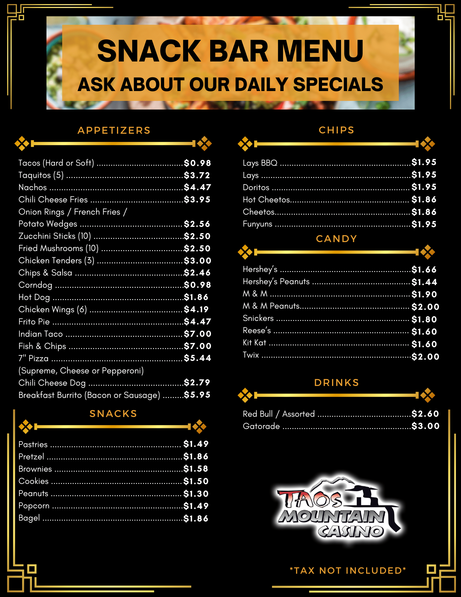 Snack bar menu