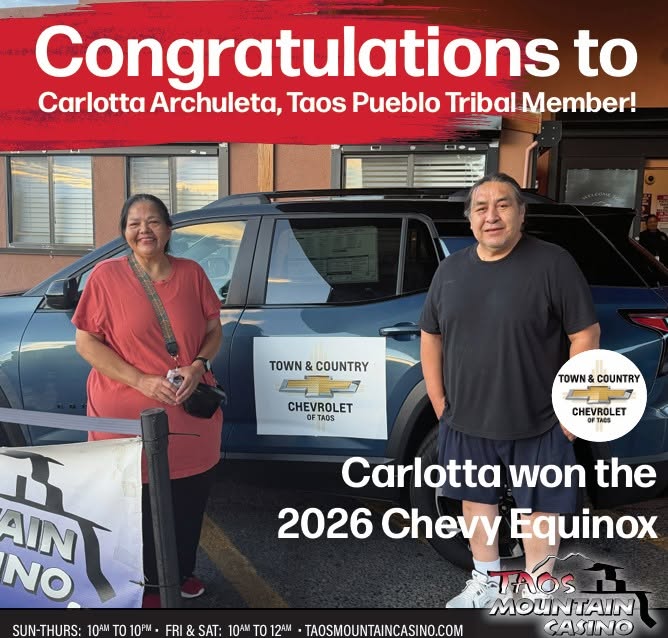 Blue Chevrolet SUV close-up with bold promotional text across a gradient background and Taos Mountain Casino logos on the right.